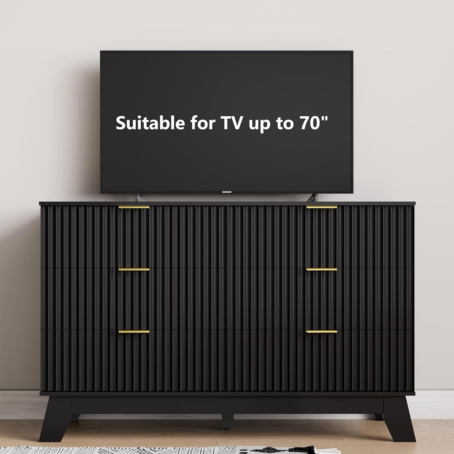 6 Drawer Dresser In Natural Wood With Fluted Front And Gold Handles