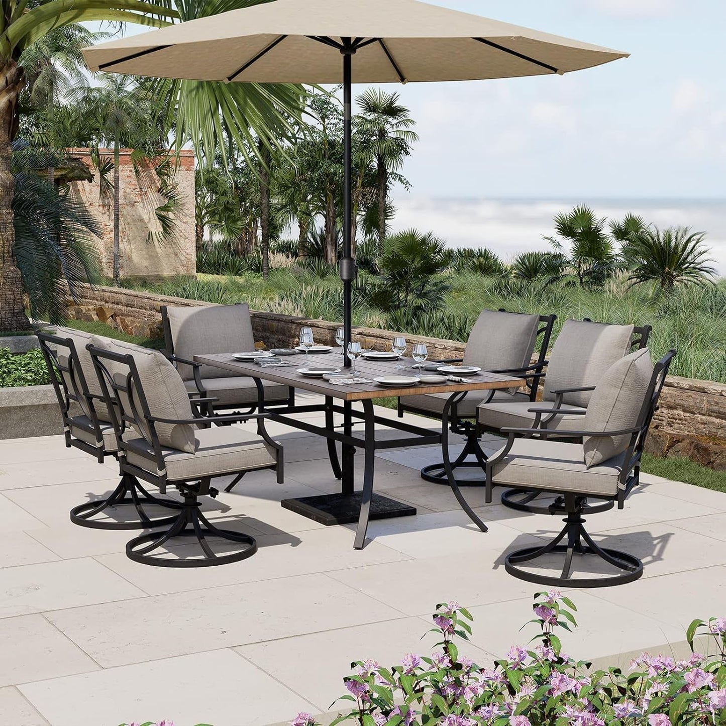 7 Piece Patio Dining Set For 6 With Swivel Chairs And Olefin Cushions