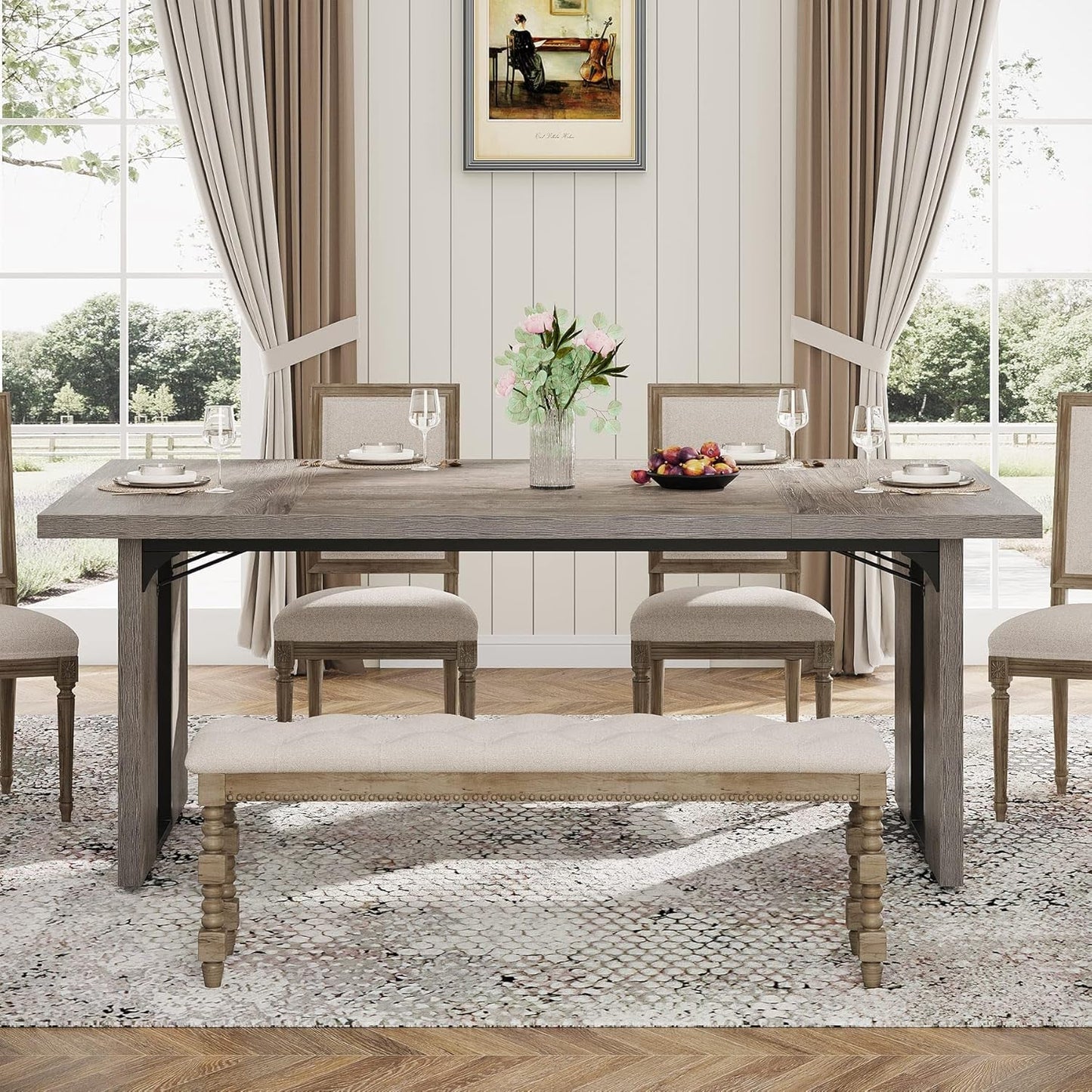 71 Inch Large Dining Table Rustic Farmhouse Style For 6 To 8