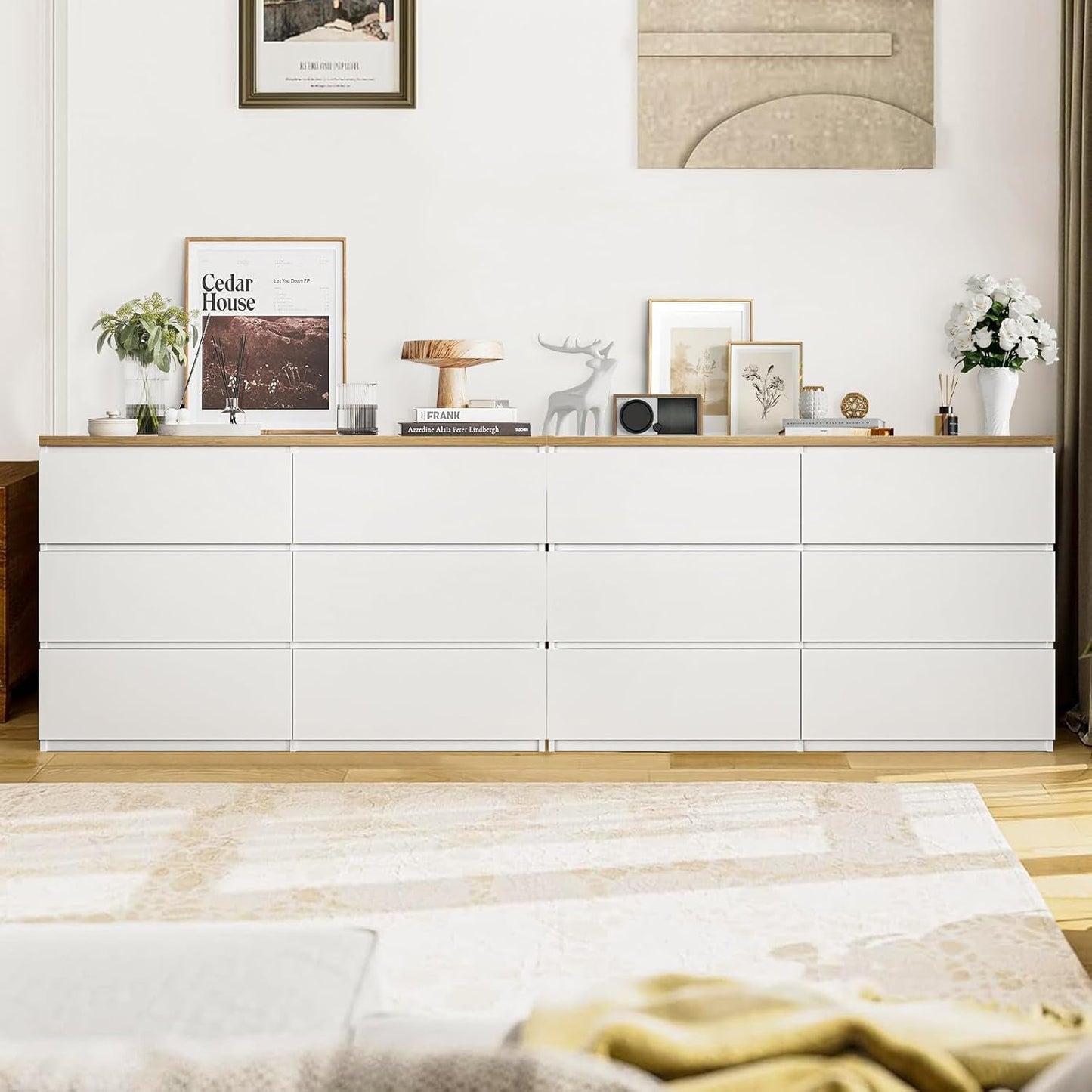 White Forty Seven Inch Six Drawer Dresser Wood Top
