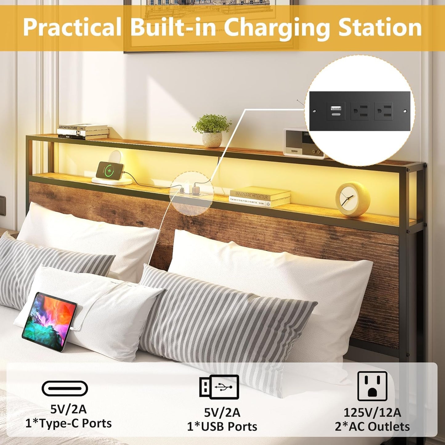 Queen Metal Platform Bed With Storage Headboard And Drawers