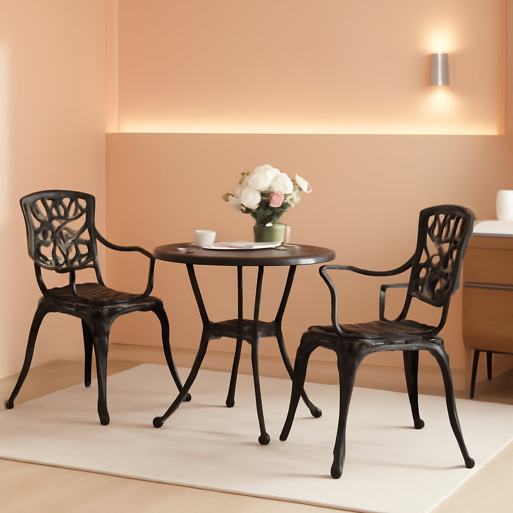 Black Bistro Set Umbrella Hole Cast Aluminum Outdoor Patio