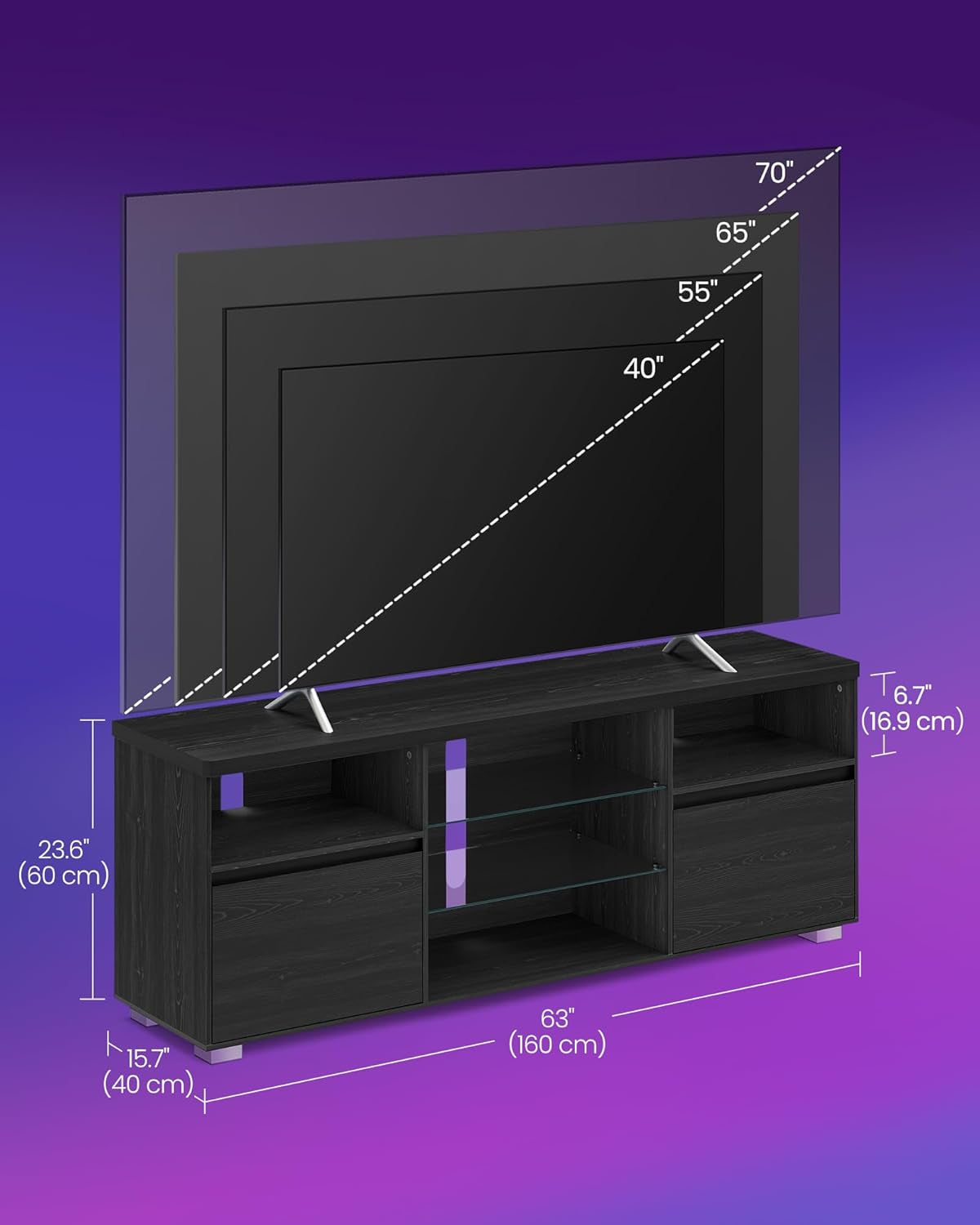 63 Inch LED TV Stand With Glass Shelves And Cabinet Doors