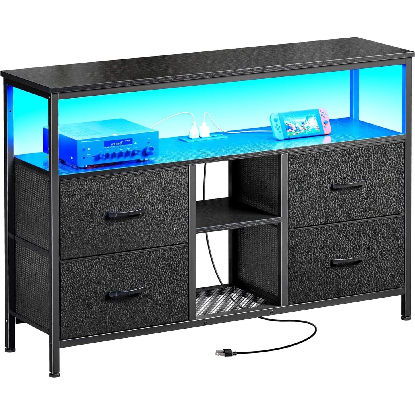 Black TV Stand With LED Lights And 2 AC Outlets And 2 USB Ports