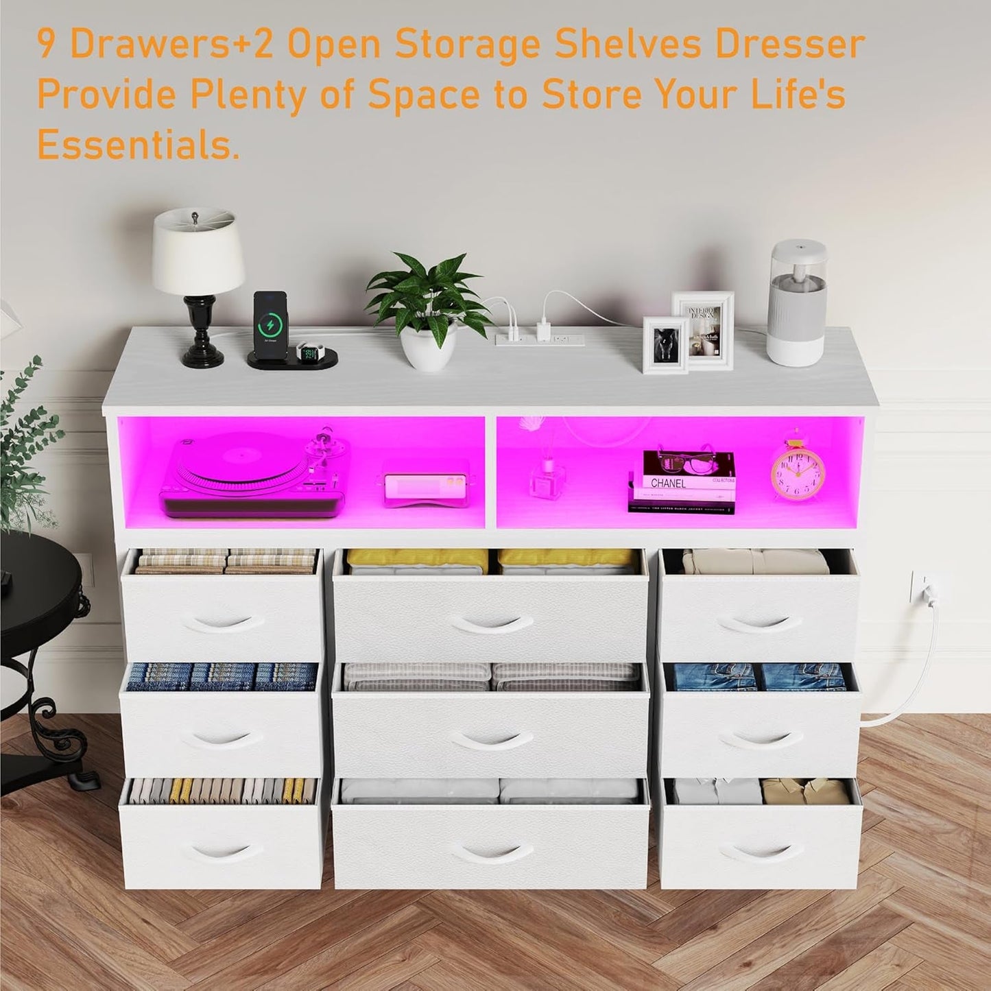 White Dresser With Built In LED USB Charging Station