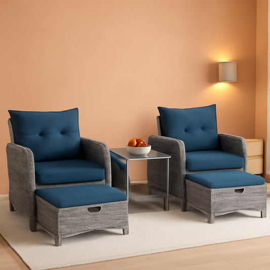 5 Pieces Wicker Outdoor Patio Chairs Set With Ottoman Blue