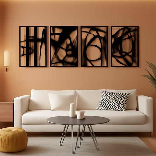 Black Abstract Metal Wall Art 4 Pack Minimalist 3D