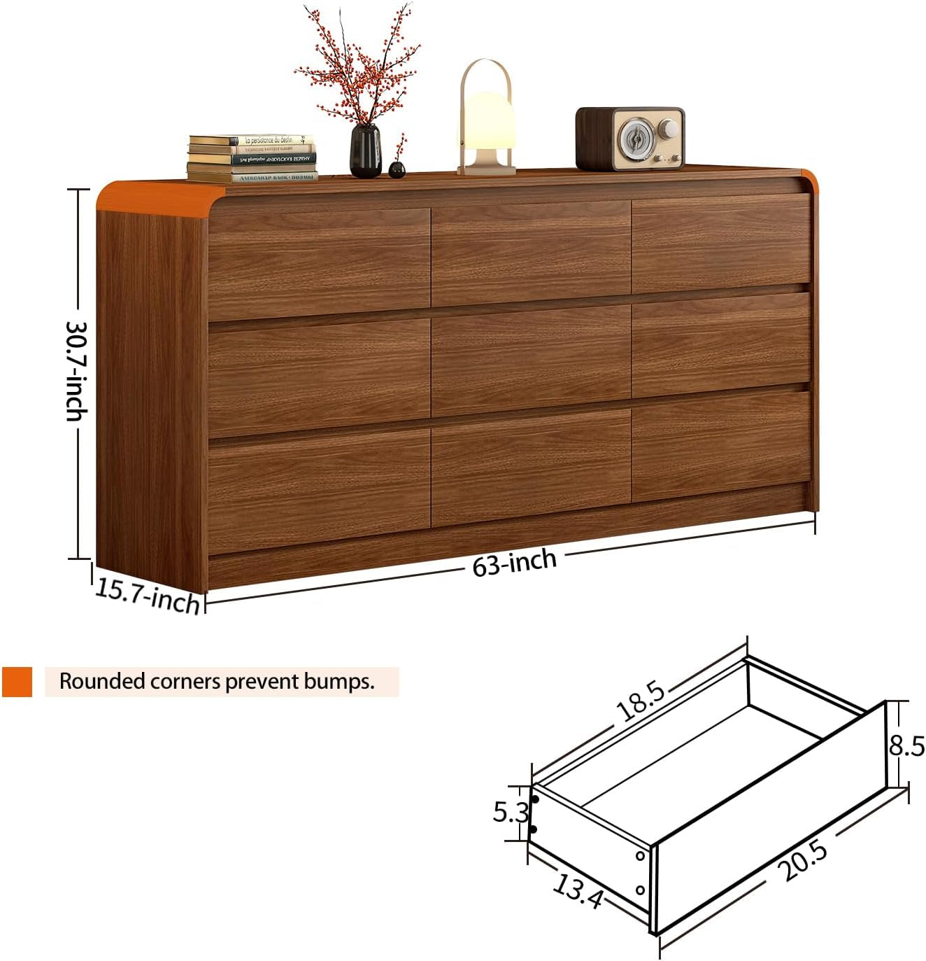 63 Inch Dresser With Curved Safety Edges Six Drawers