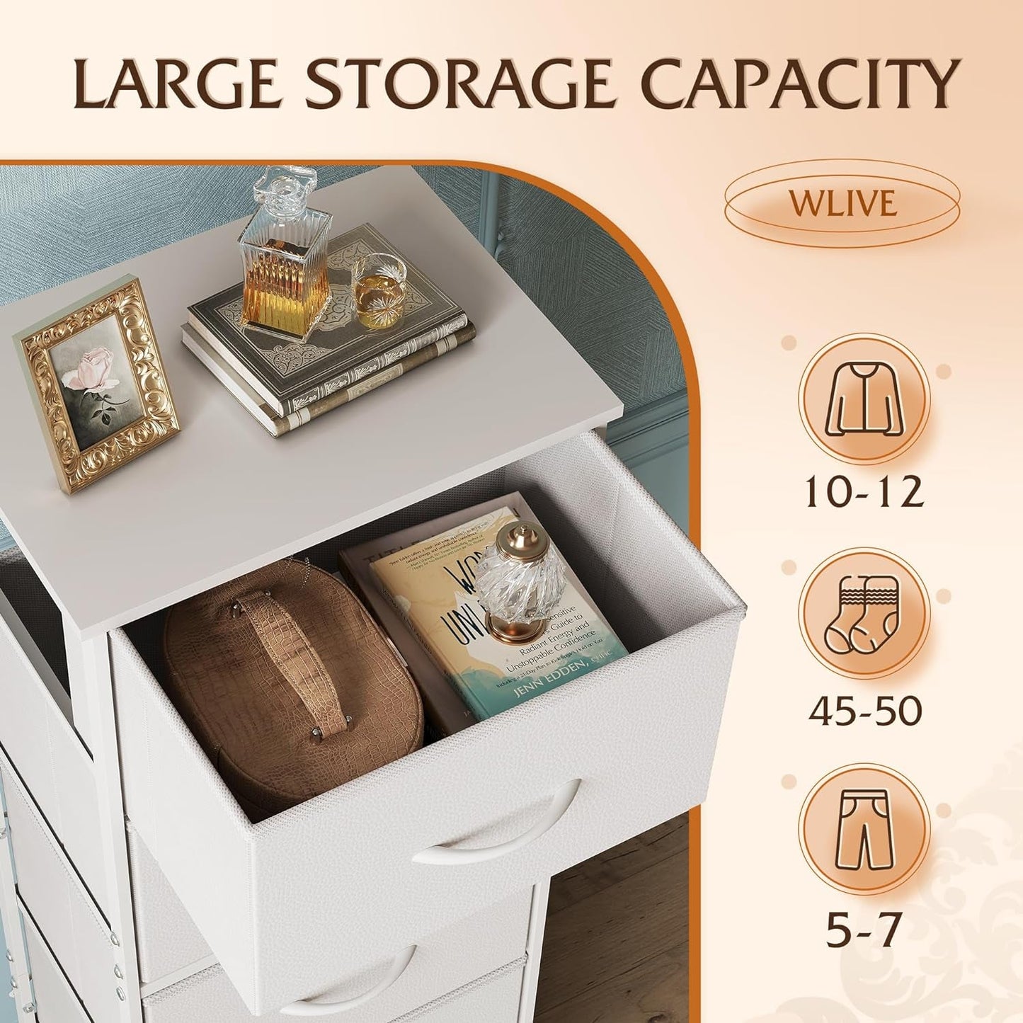 Fabric Dresser For Bedroom With Tall White Finish Storage