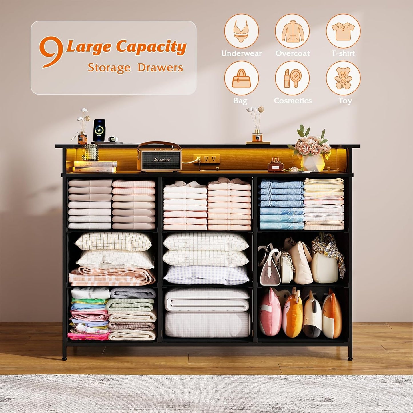 9 Drawer Dresser And TV Stand With LED Light For Bedroom