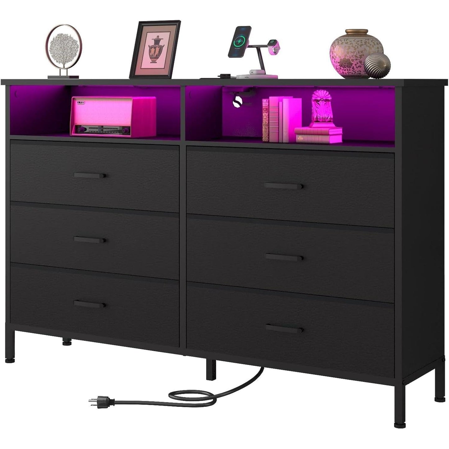 Black Dresser With LED Lights And Charging Station