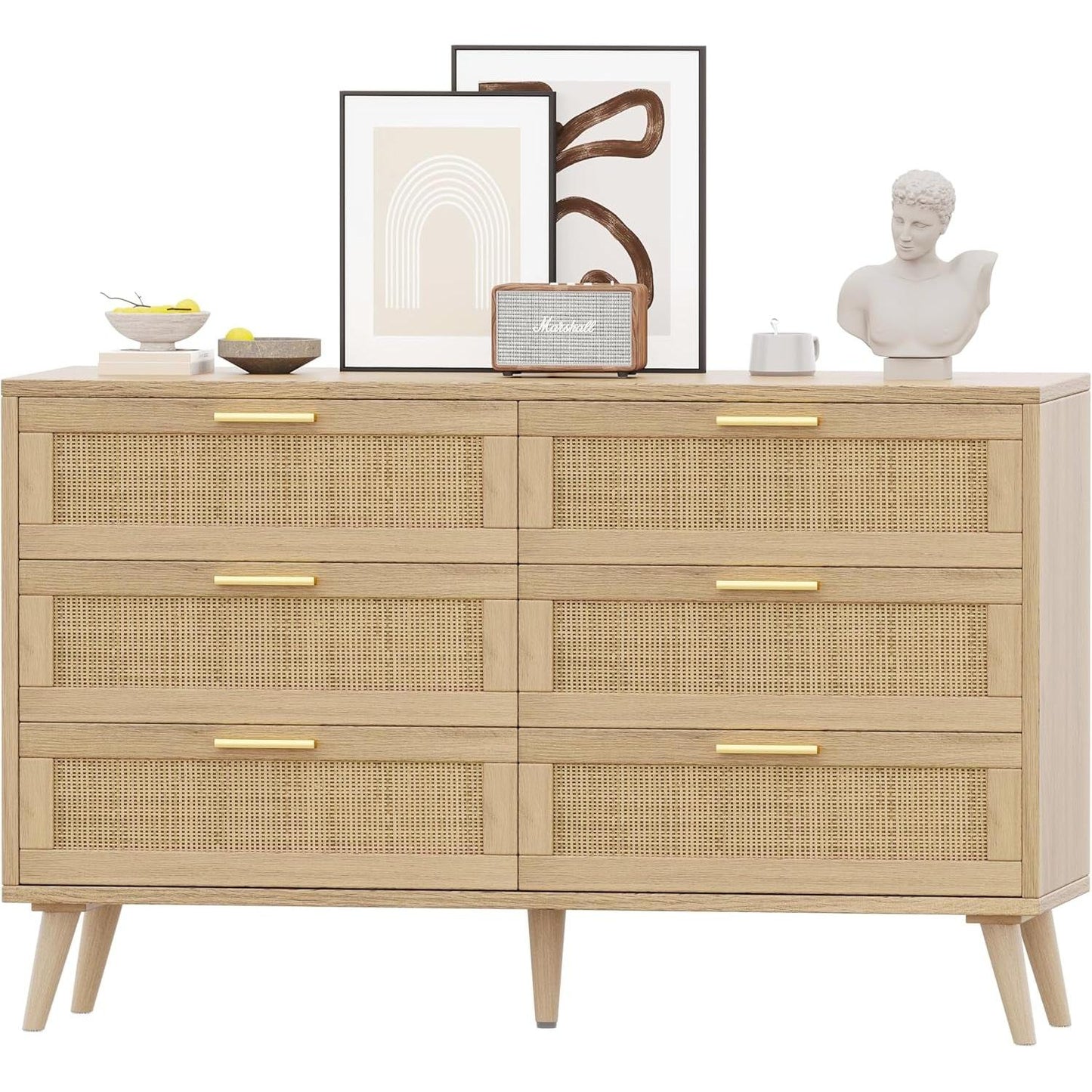 Rattan Double Dresser With Six Drawers And Golden Handles