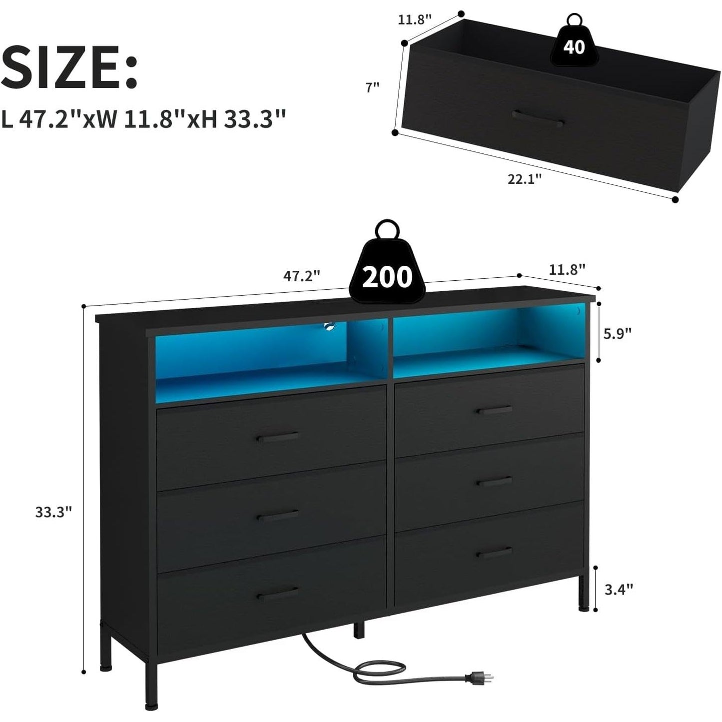 Black Dresser With LED Lights And Charging Station