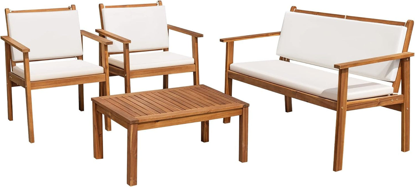 Acacia Wood 4 Piece Patio Conversation Set With Cushions