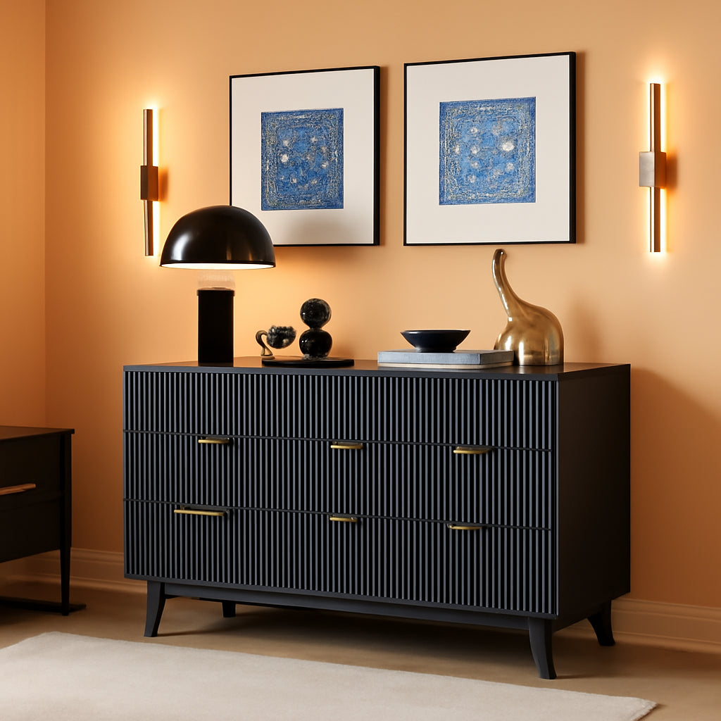 54 Inch Fluted Dresser With Dark Gray Faux Marble Top