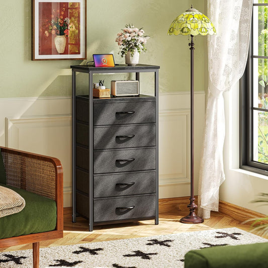 Black Five Drawer Dresser With Integrated Charging Station