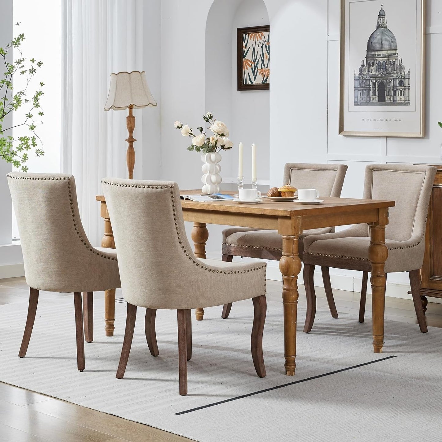 Modern Dining Chairs Set of 4 Beige Upholstery and Wood Legs