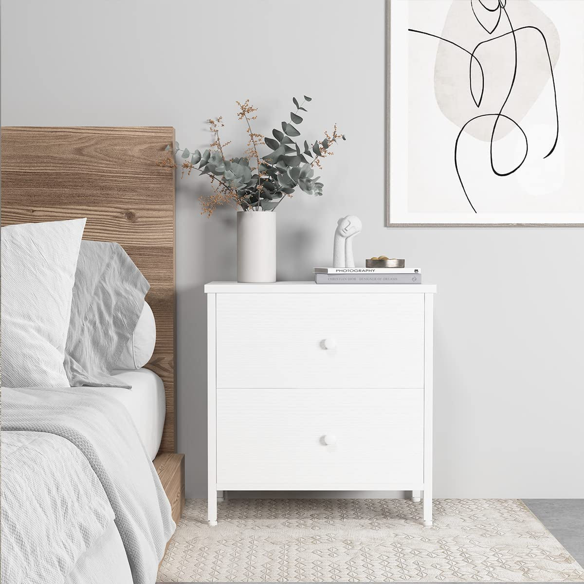 White Nightstand With 2 Drawers Bedside End Table Storage