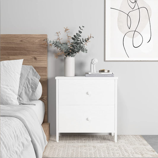 White Nightstand With 2 Drawers Bedside End Table Storage