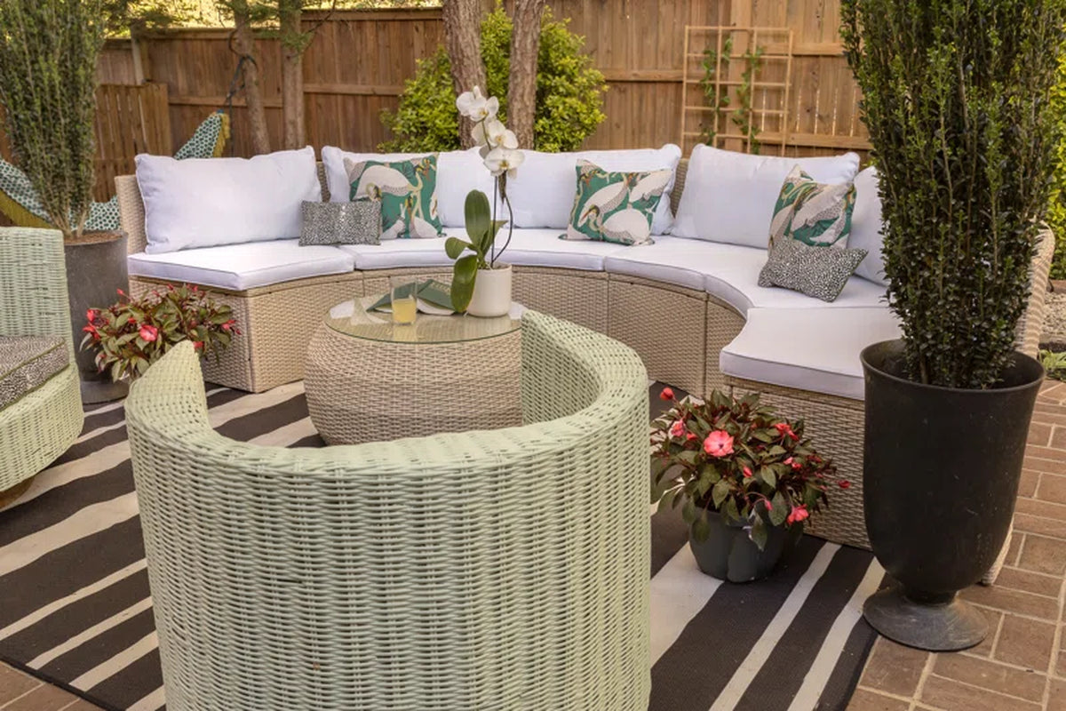 Wicker Six Person Patio Conversation Set With Cushions