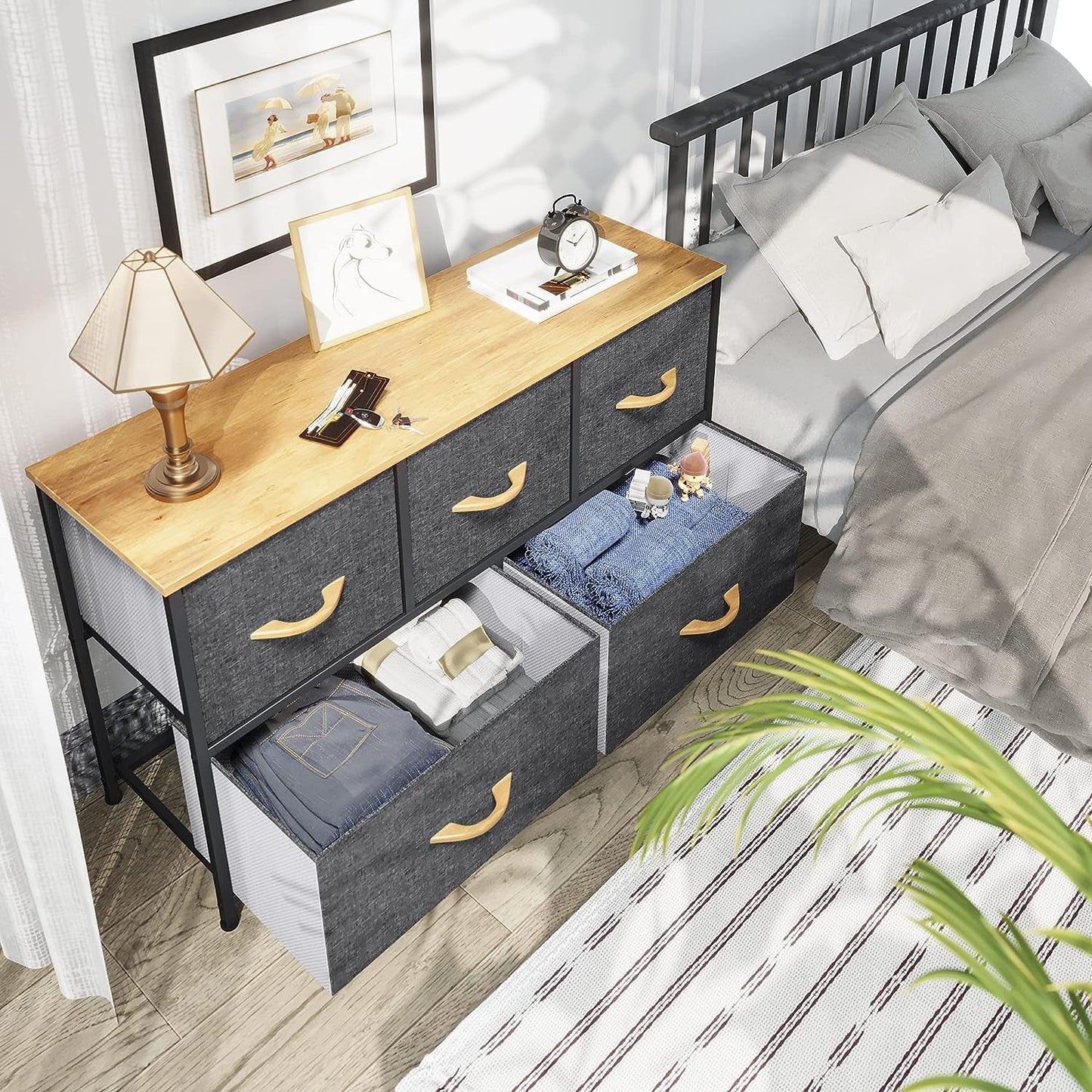 5-Drawer Fabric Storage Dresser With Wooden Top For Bedroom