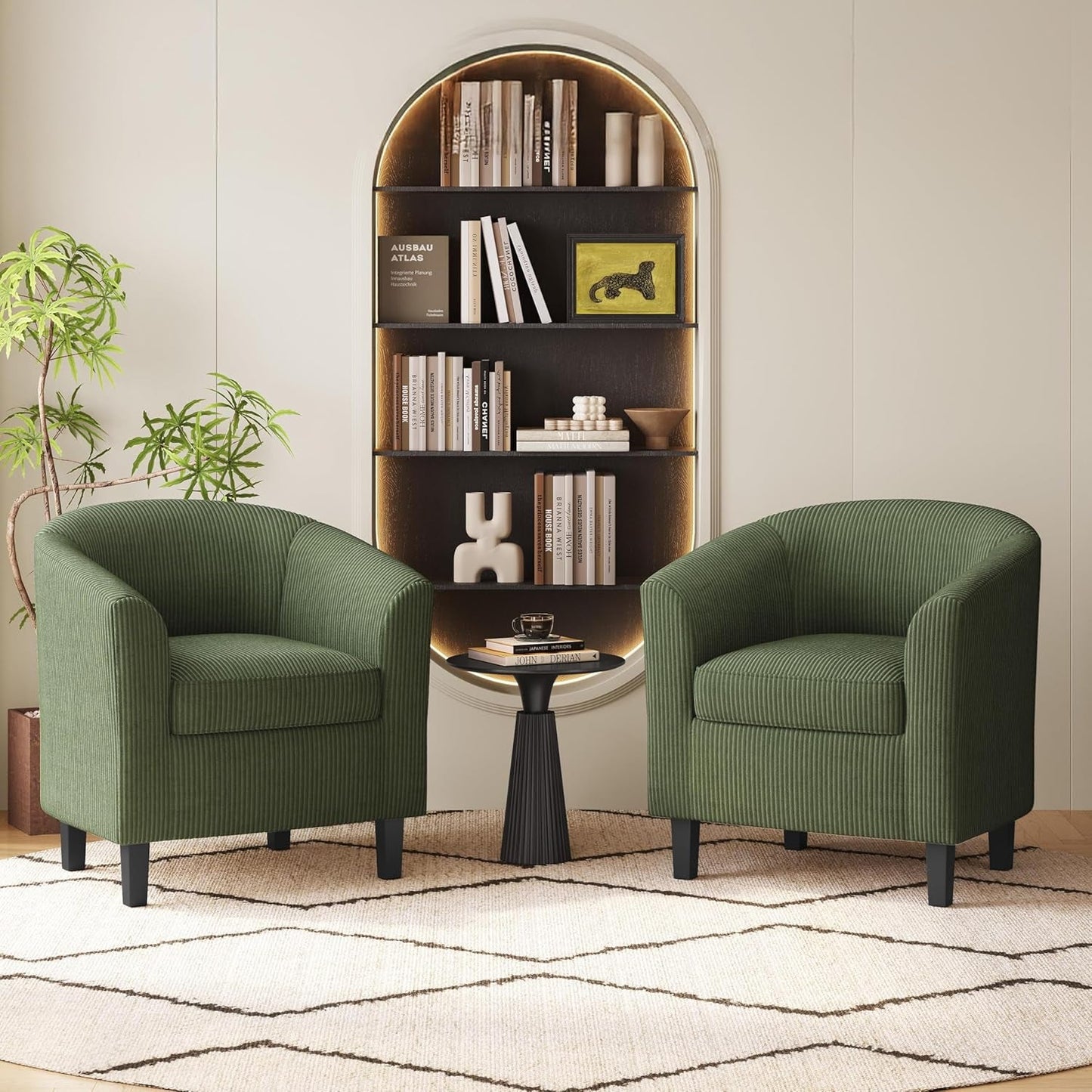 Corduroy Barrel Chairs Set of 2 Dark Green Upholstered