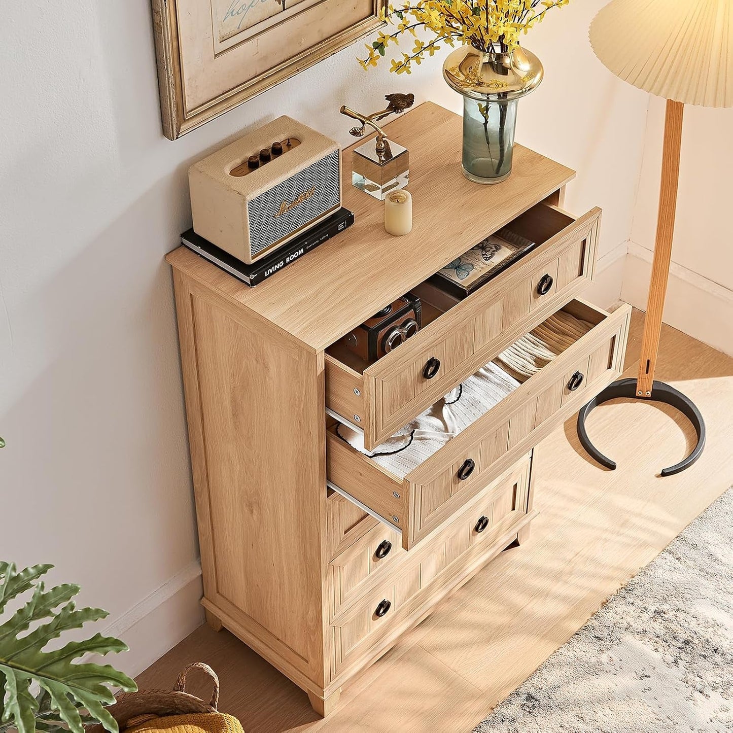 Farmhouse Style 5 Drawer Dresser 42 Inch Tall Rustic Finish