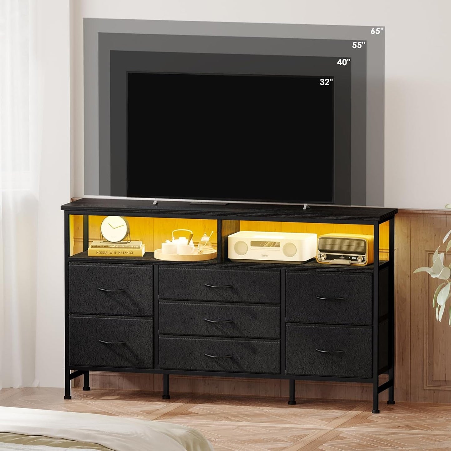 Black 55 Inch TV Stand For Bedroom With Storage Drawers