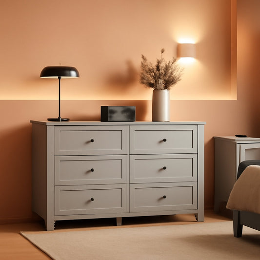 Grey Six Drawer Dresser For Bedroom Storage And Organization