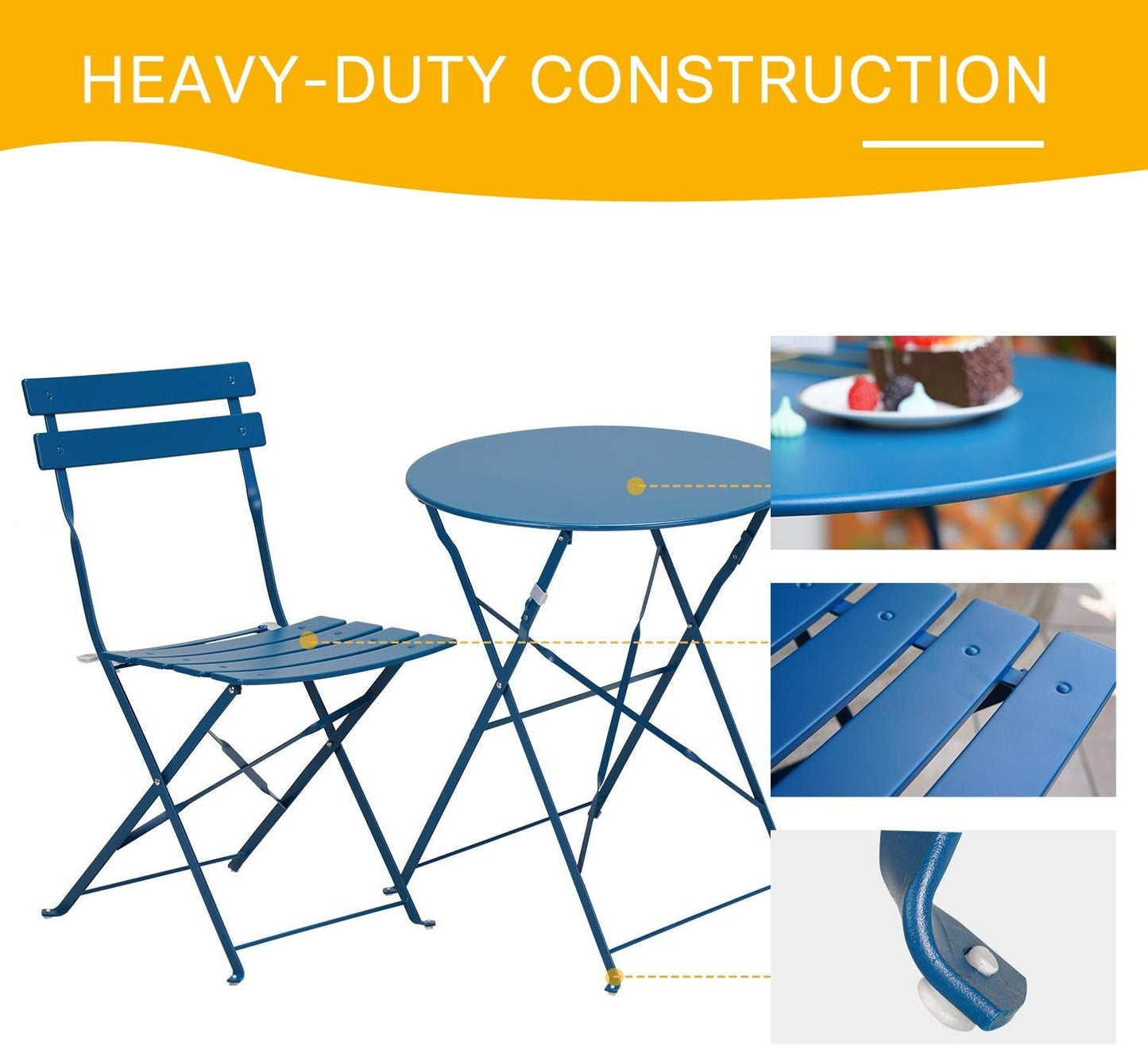 Peacock Blue 3 Piece Folding Bistro Set For Patio Garden