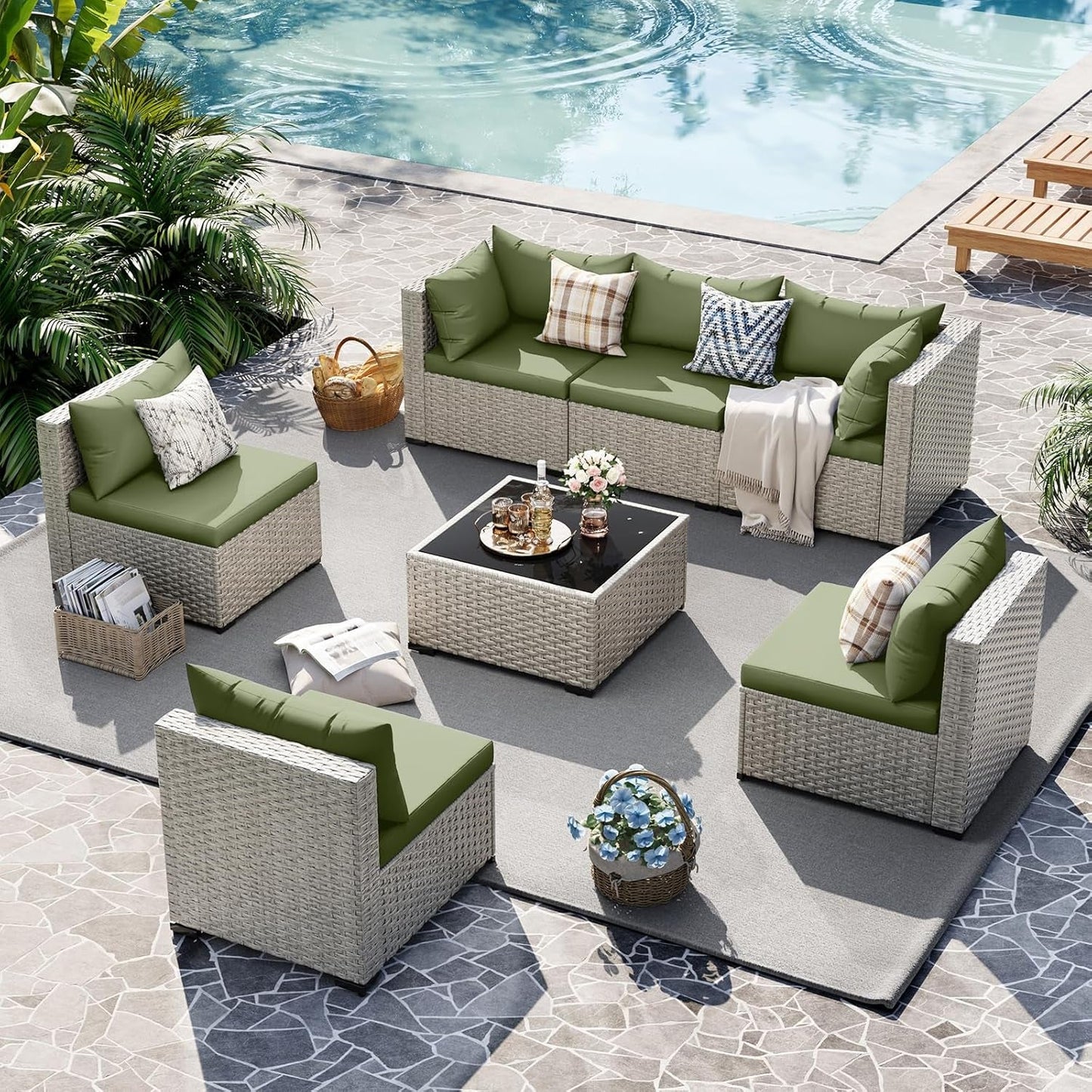 Patio 7 Piece PE Wicker Sectional Sofa Set Table Green