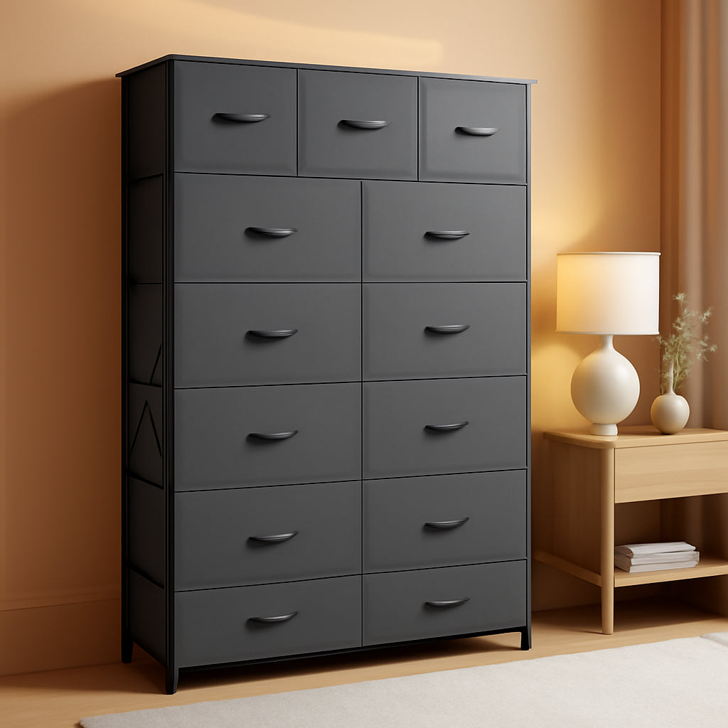 Tall Dresser With 13 Drawers Dark Grey Fabric For Bedroom Storage