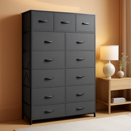 Tall Dresser With 13 Drawers Dark Grey Fabric For Bedroom Storage