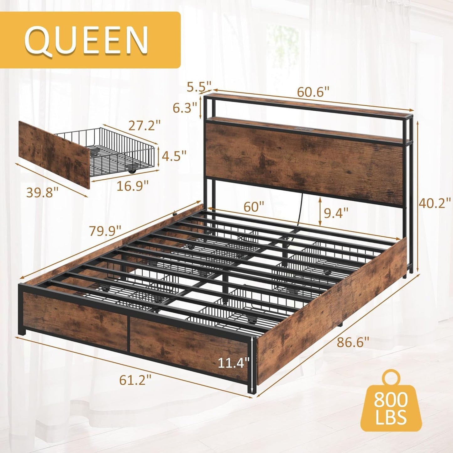 Queen Metal Platform Bed With Storage Headboard And Drawers