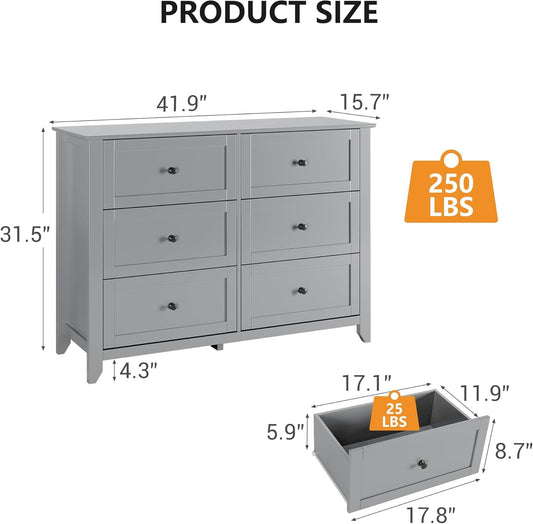 Grey Six Drawer Dresser For Bedroom Storage And Organization