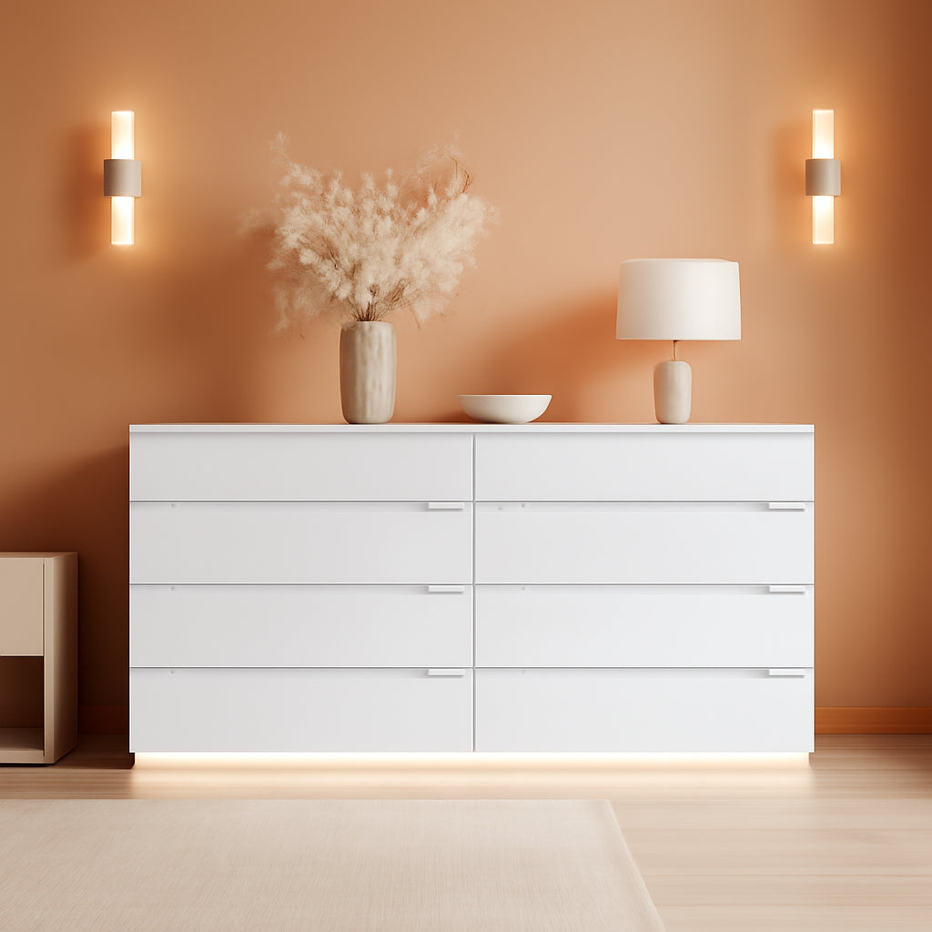 White LED Light Drawer Dresser With Eight Drawers 63 Inch