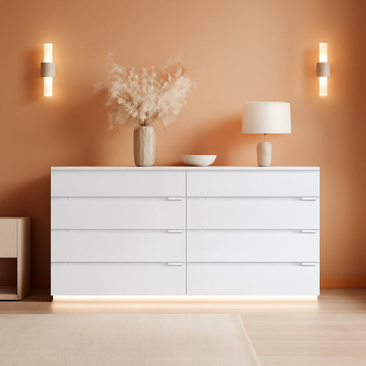White LED Light Drawer Dresser With Eight Drawers 63 Inch