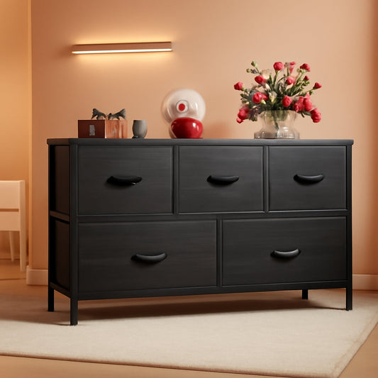 Charcoal Black Wood Grain Dresser With 5 Drawers And Fabric Bins
