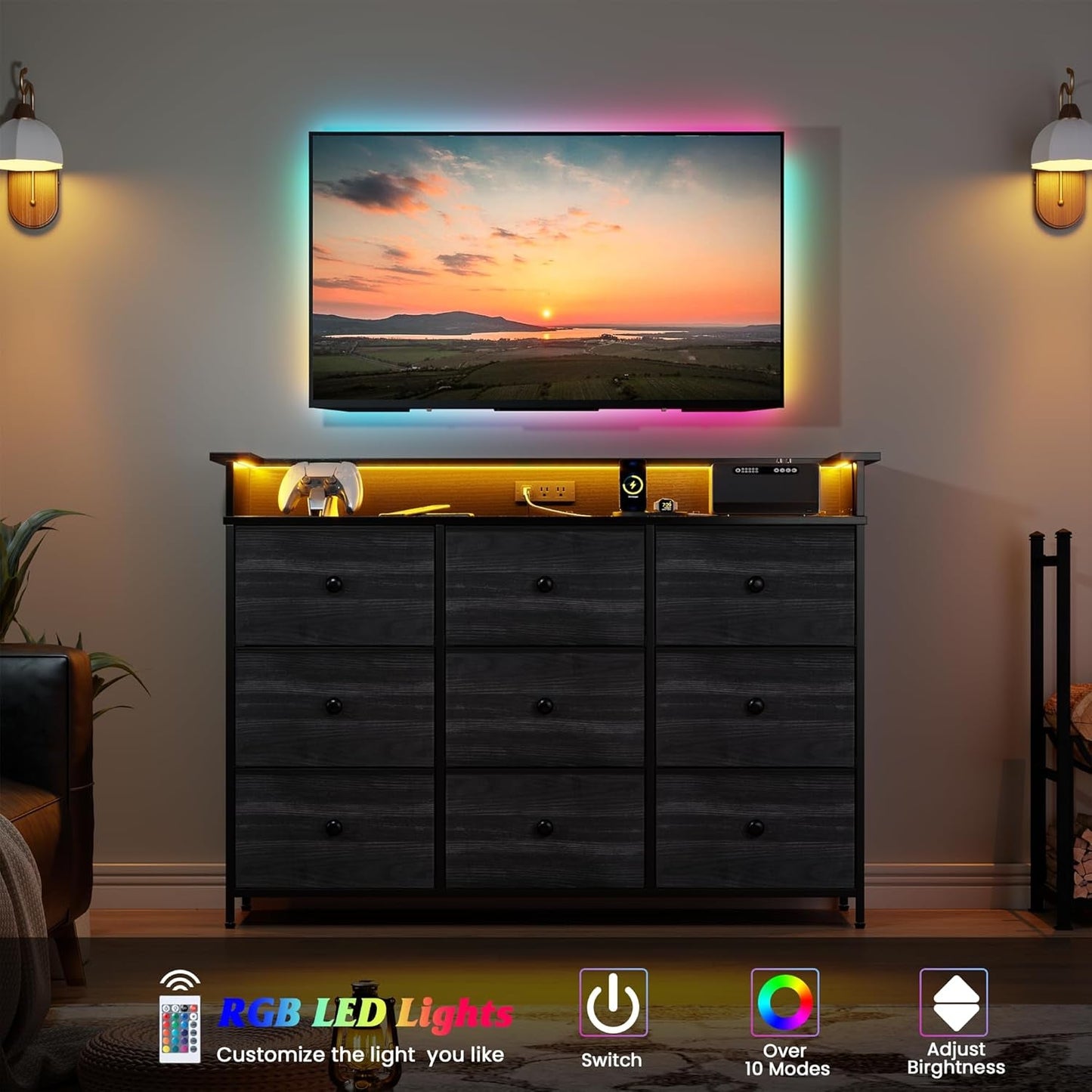 9 Drawer Dresser And TV Stand With LED Light For Bedroom