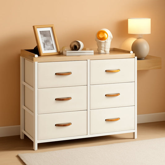 Beige Kids Dresser With 6 Drawers Anti Tip Safety Storage Chest
