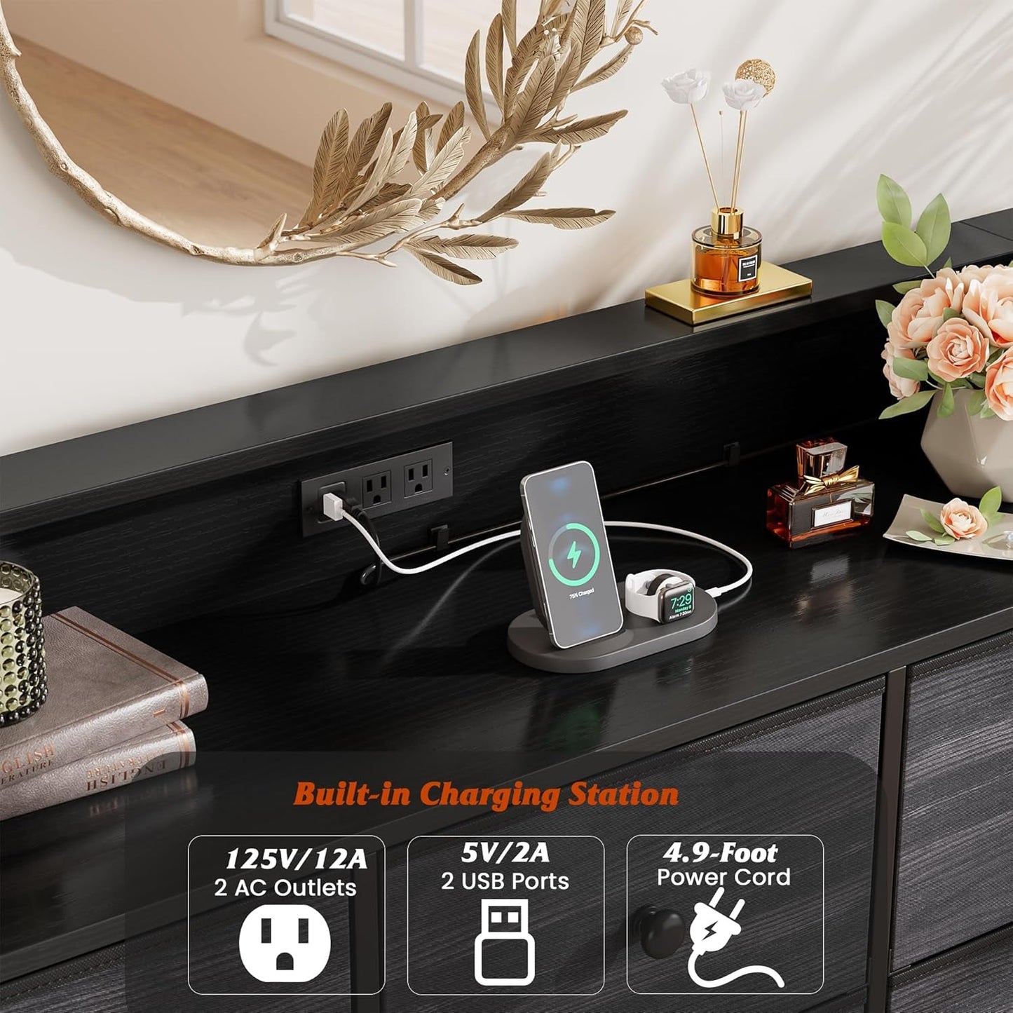 9 Drawer Dresser And TV Stand With LED Light For Bedroom