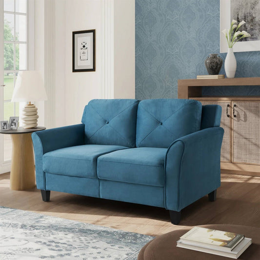 Modern Upholstered Loveseat Sofa in Blue Microfiber with Button Tufted Cushions