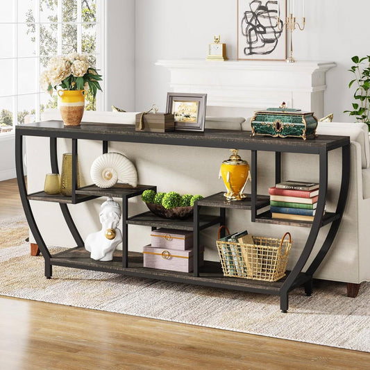 Modern Industrial 70-inch Long Narrow Console Sofa Table with Black Wood Shelves