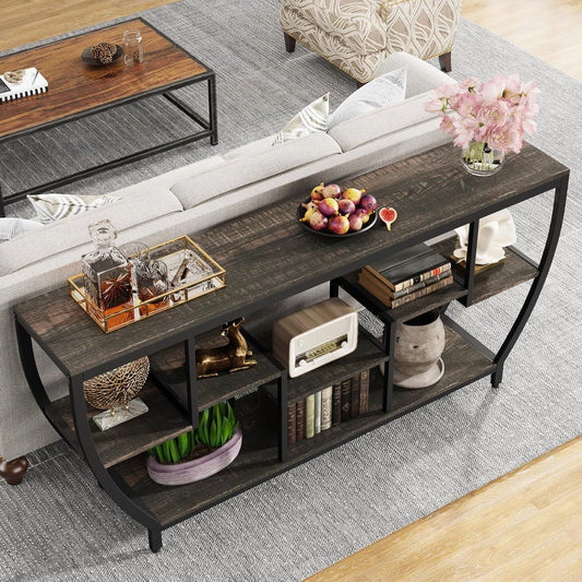 Modern Industrial 70-inch Long Narrow Console Sofa Table with Black Wood Shelves