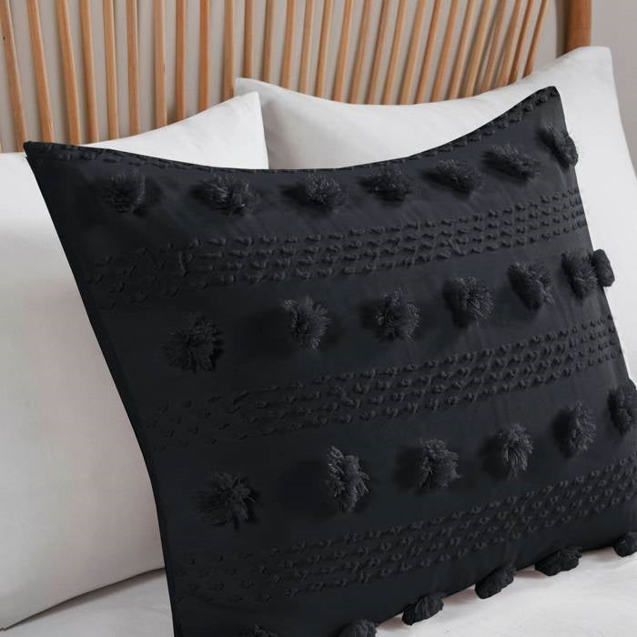 King/Cal King 3 Piece Pompom Microfiber Hypoallergenic Comforter Set in Black