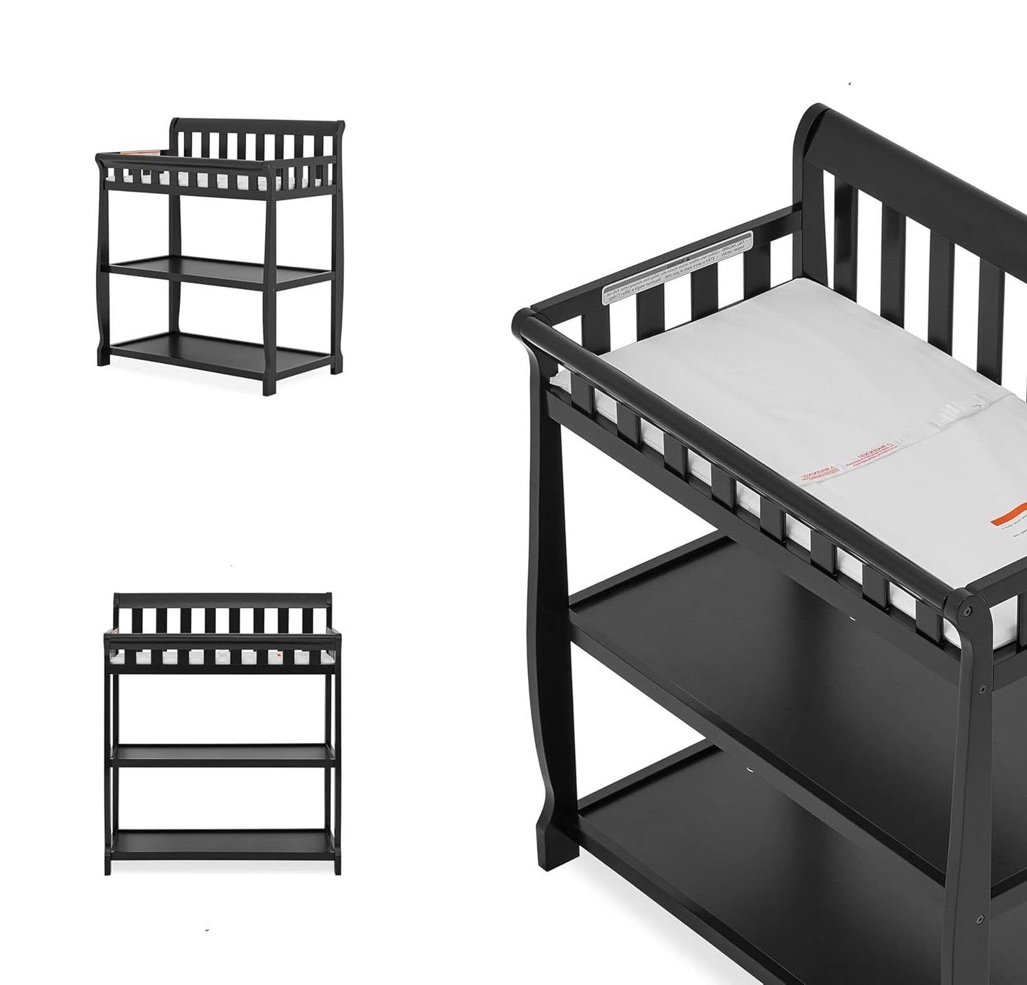 Modern Black Wooden Baby Changing Table with Safety Rail Mattress Pad and Strap