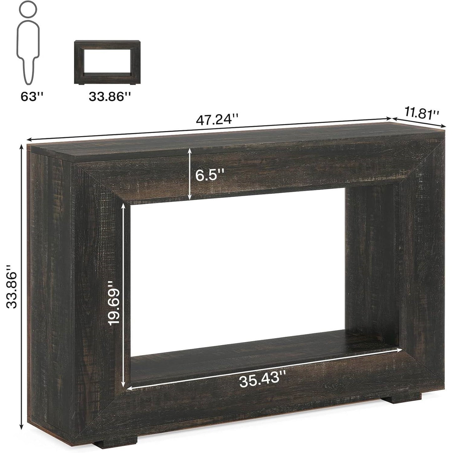 Modern Farmhouse 47-inch Long Sofa Table in Dark Grey Black Wood Finish