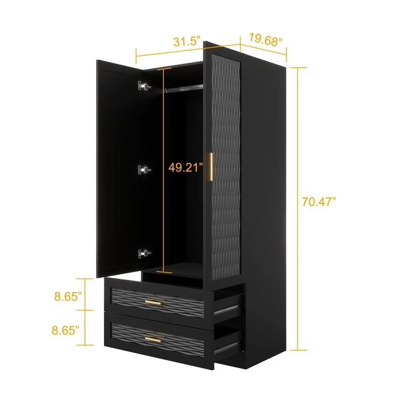 Black Wardrobe Armoire Cabinet with Mirror Hanging Rod and Storage Drawers