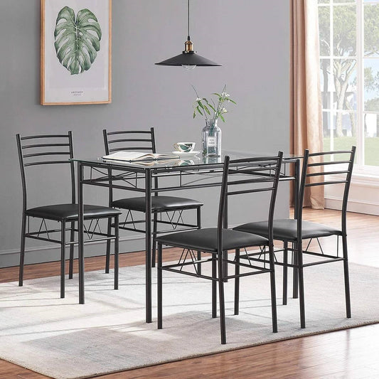 Black 5-Piece Dining Set with Rectangular Glass-Top Table and 4 Chairs