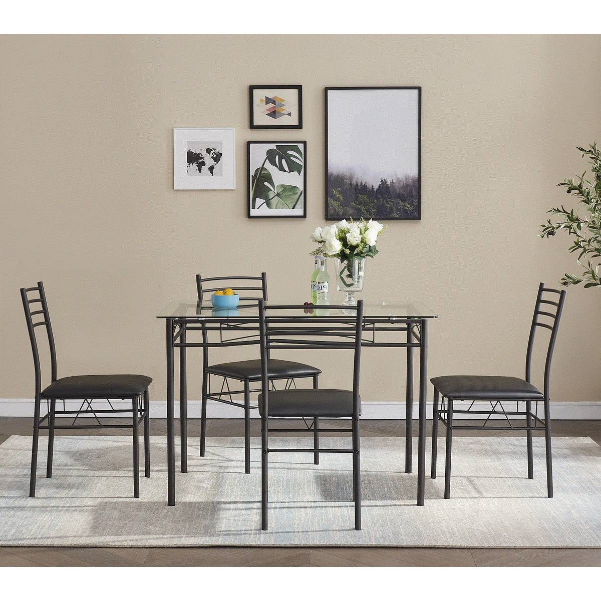 Black 5-Piece Dining Set with Rectangular Glass-Top Table and 4 Chairs